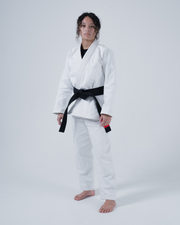 Kingz Born to Rule Women's Jiu Jitsu Gi White - Full Body Front View Female Athlete White Gi Black Belt Subtle Crown Badge Shoulder Reinforced Stitching BJJ Gi Training [color:White]