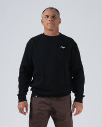 Kingz Script Crewneck - Front View - Worn Kingz Script Chest Logo - Black - Men's BJJ Streetwear