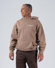 Kingz HQ V2 Hoodie - Front Angled View - Chest Text Logo and Pocket - Taupe - Men's BJJ Hoodie