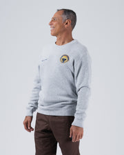 Kingz Jiu Jitsu Club Crewneck - Front Side Profile View - Chest Crest Badge - Light Gray - Men's BJJ Crewneck