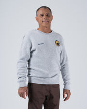 Kingz Jiu Jitsu Club Crewneck - Front Standing View - Chest Crest and Ribbed Cuffs - Light Gray - Men's BJJ Crewneck