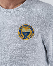Kingz Jiu Jitsu Club Crewneck - Crest Close Up - Gold Blue Kingz Kimonos Embroidered Badge - Light Gray - BJJ Crewneck