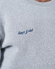 Kingz Jiu Jitsu Club Crewneck - Chest Script Close Up - Blue Kingz JJ Club Embroidery - Light Gray - BJJ Crewneck