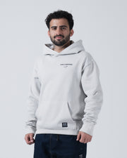 Kingz HQ V2 Hoodie - Front Angled View - Chest Text Logo and Hem Label - Light Gray - Men's BJJ Hoodie