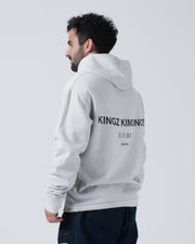 Kingz HQ V2 Hoodie - Back Angled View - Black Kimonos Kanji Back Print - Light Gray - Men's BJJ Hoodie