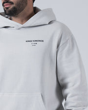 Kingz HQ V2 Hoodie - Chest Print Close Up - Kimonos Kanji and San Diego Text - Light Gray - BJJ Hoodie