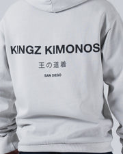 Kingz HQ V2 Hoodie - Back Print Close Up - Full Black Kimonos Text and Kanji - Light Gray - BJJ Hoodie