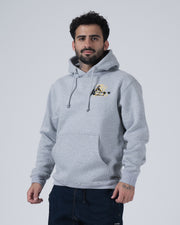 Kingz Jiu Jitsu Culture Hoodie - Front Angled View - Gold Chest Logo and Pocket - Grey - Men's BJJ Hoodie