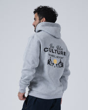 Kingz Jiu Jitsu Culture Hoodie - Back Angled View - Culture No Roll No Fun Back Graphic - Grey - Men's BJJ Hoodie