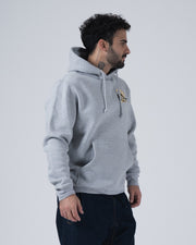 Kingz Jiu Jitsu Culture Hoodie - Front Side Profile View - Gold Chest Logo and Pocket - Grey - Men's BJJ Hoodie