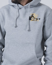 Kingz Jiu Jitsu Culture Hoodie - Chest Detail Close Up - Gold Grappler Emblem and Crown - Grey - BJJ Hoodie