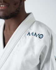 Kingz Nano 3.0 BJJ Gi White chest closeup showing blue Nano logo embroidery on lightweight weave