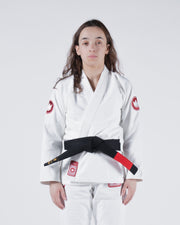 Kingz Classic 3.0 Women's BJJ Gi White - Upper Body Front View Female Athlete Black Belt Red Crown Badge Logo 450gsm Pearl Weave Plus