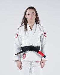 Kingz Classic 3.0 Women's BJJ Gi White - Upper Body Front View Female Athlete Black Belt Red Crown Badge Logo 450gsm Pearl Weave Plus
