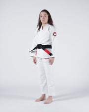 Kingz Classic 3.0 Women's BJJ Gi White - Full Body Side Profile View Female Athlete Black Belt Red Crown Badge Logo Women's