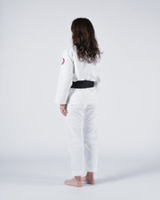 Kingz Classic 3.0 Women's BJJ Gi White - Full Body 3/4 Back View Female Athlete Black Belt Red Crown Badge Logo Sleeve Women's