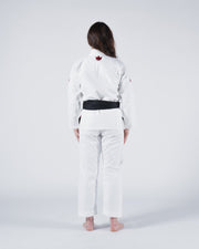 Kingz Classic 3.0 Women's BJJ Gi White - Full Body Back View Female Athlete Black Belt Red Crown Logo Upper Back Women's Slim