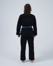 Kingz Born to Rule Women's Jiu Jitsu Gi Black - Back View Female Athlete Black Gi Blue Belt Large "BORN TO" Text Back Panel Durable Fabric BJJ Training Gi [color:Black]