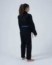 Kingz Born to Rule Women's Jiu Jitsu Gi Black - Back View Female Athlete Black Gi Subtle Embroidered Text Back Blue Belt Contrast Clean Design BJJ Training Gi [color:Black]
