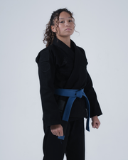 Kingz Born to Rule Women's Jiu Jitsu Gi Black - Front View Female Athlete Black Gi Blue Belt Minimalist Patches Durable Fabric Tailored Fit BJJ Training Gi [color:Black]