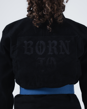 Kingz Born to Rule Women's Jiu Jitsu Gi Black - Back View Black Embroidered "BORN TO RULE" Text Quilted Pattern Blue Belt Contrast Detail Premium Fabric BJJ Gi [color:Black]