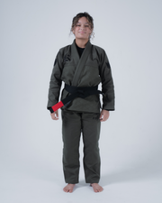 Kingz Born to Rule Women's Jiu Jitsu Gi Military Green - Full Body Front View Female Athlete Black Embroidered Logos Black Belt Contrast Stitching Durable Fabric BJJ Gi Training [color:Military Green]