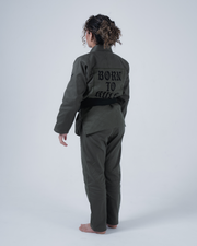 Kingz Born to Rule Women's Jiu Jitsu Gi Military Green - Back View Female Athlete Black "BORN TO RULE" Text Back Panel Military Green Fabric Tailored Fit BJJ Gi Training [color:Military Green]