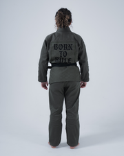 Kingz Born to Rule Women's Jiu Jitsu Gi Military Green - Back View Female Athlete Bold "Born to Rule" Text Back Black Belt Quilted Pattern Durable Fabric BJJ Gi Training Apparel [color:Military Green]