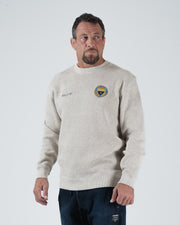 Kingz Jiu Jitsu Club Crewneck - Front Angled View - Chest Crest and Club Script - Latte - Men's BJJ Crewneck
