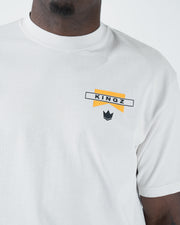 Kingz Flag Tee - Chest Logo Close-Up - KINGZ Yellow Flag Crown Patch - White BJJ Premium T-Shirt