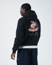 Black BJJ hoodie angled front pose on adult male model highlighting jiu jitsu motion pocket script detail
