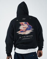 Black BJJ hoodie back view on adult male model displaying dynamic Jiu Jitsu Motion blurred graphic print