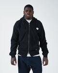 Kingz Kore V2 Zip Up Hoodie - Front Worn View - White Crown Chest Logo and Full Zip - Black - BJJ Streetwear Hoodie [color:Black]