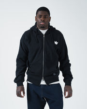Kingz Kore V2 Zip Up Hoodie - Front Worn View - White Crown Chest Logo and Full Zip - Black - BJJ Streetwear Hoodie [color:Black]