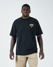 Kingz Flag Tee - Front View - KINGZ Yellow Flag Chest Logo - Black Pigment Dye Heavyweight BJJ T-Shirt