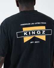 Kingz Flag Tee - Back Graphic Close-Up - KINGZ Est 2011 Yellow Flag Print Detail - Black Pigment Dye BJJ