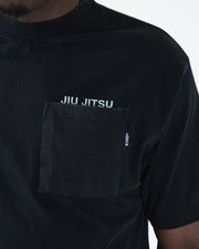 Kingz Jiu Jitsu Squad V2 Tee - Chest Pocket Close-Up - JIU JITSU Pocket Label Black Fabric - BJJ Tee Detail