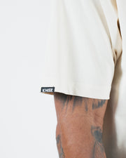 Kingz Kore V2 Tee - Sleeve Label Detail - Woven Kingz Brand Tag - Beige BJJ Premium Cotton T-Shirt