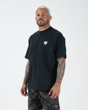 Kingz Jiu Jitsu Motion Tee - Three-Quarter Front - Crown Logo Chest - Black Pigment Dye BJJ Lifestyle Tee