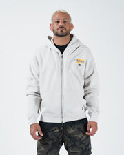 Grey BJJ zip up hoodie front view on adult male model showing Kingz flag chest logo and full zipper
