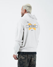 Grey BJJ zip up hoodie back three-quarter view on adult male model displaying large Kingz flag graphic