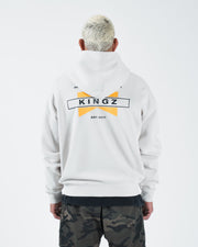 Grey BJJ zip up hoodie back view on adult male model showing centered Kingz Est 2011 flag print