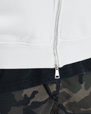 Grey BJJ zip up hoodie bottom detail closeup showing dual zipper system pull and ribbed hem construction