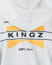 Grey BJJ zip up hoodie back graphic closeup of Kingz Est 2011 flag banner print with yellow accents