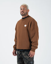 Kingz Kore V2 Crewneck - Front Angle View - White Crown Logo and Boxy Fit - Brown - BJJ Streetwear Crewneck