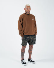 Kingz Kore V2 Crewneck - Front Lifestyle View - Crown Chest Logo and Relaxed Fit - Brown - BJJ Streetwear Crewneck