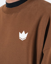Kingz Kore V2 Crewneck - Chest Logo Close Up - White Crown Emblem and Collar - Brown - BJJ Streetwear Crewneck