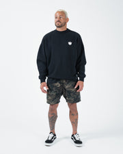 Kingz Kore V2 Crewneck - Front Full Body View - Crown Chest Logo and Relaxed Fit - Black - BJJ Streetwear Crewneck