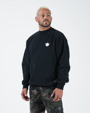 Kingz Kore V2 Crewneck - Front Angle View - White Crown Logo and Boxy Fit - Black - BJJ Streetwear Crewneck