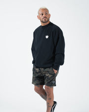 Kingz Kore V2 Crewneck - Full Body Lifestyle View - Crown Logo and Boxy Drape - Black - BJJ Streetwear Crewneck